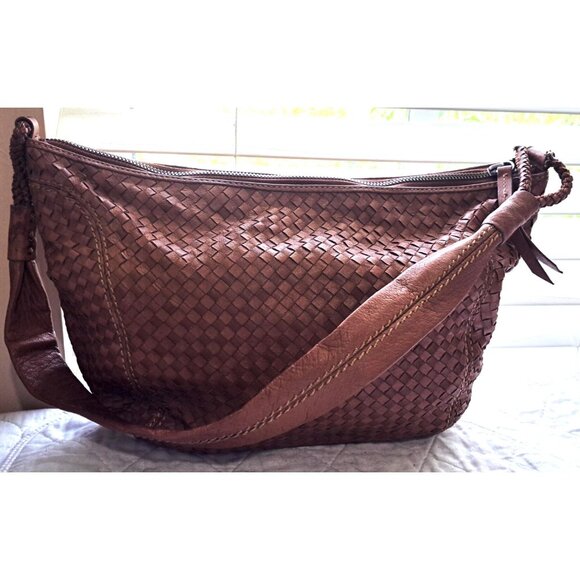 The SAK Brown Leather Woven Shoulder Bag Zip Closure Inside Pockets - Picture 1 of 11